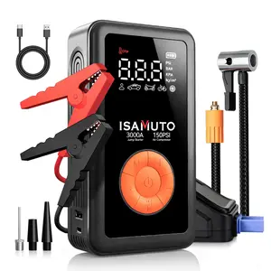【ISAMUTO】Portable Air Compressor & 3000A Car Jump Starter, 150PSI 12V Auto Battery Jump Box, Cordless Tire Inflator with Digital Screen