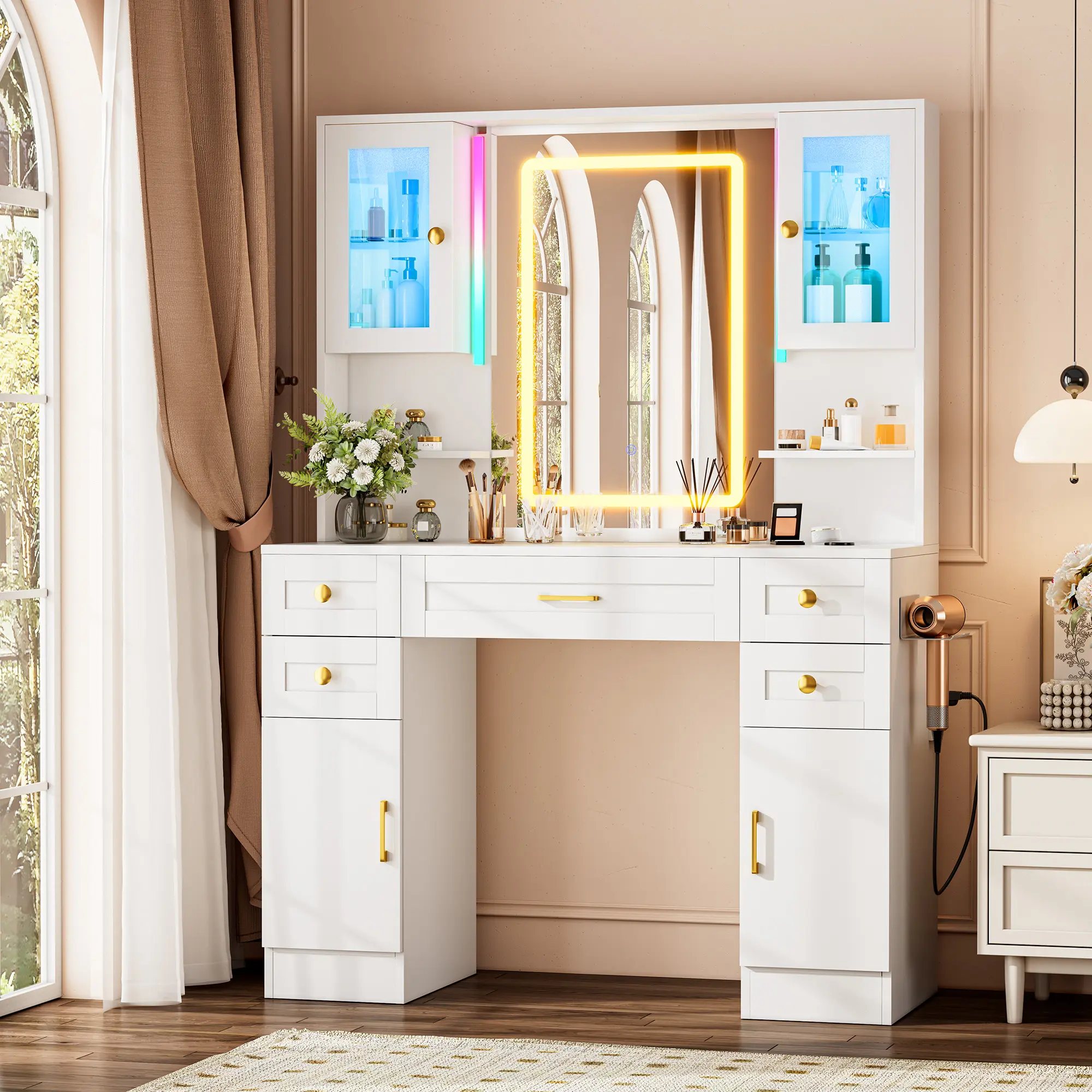 LHBcraft Vanity Desk with Large Mirror and Lights, Makeup Vanity with Charging Station, 5 Drawers & 4 Storage, 3 Lighting Color Adjustable, Vanity Desk for Bedroom