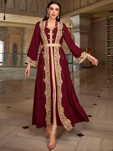 Elegant Chic V-Neck Fitted Evening Dress in Deep Wine, Metal Waistband Decoration, Perfect for Formal Occasions