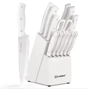 15-Piece White Kitchen Knife Set with Built-in Sharpening Stone, Ergonomic Triple-Rivet Fixed Handles, Dishwasher Safe Blade Block