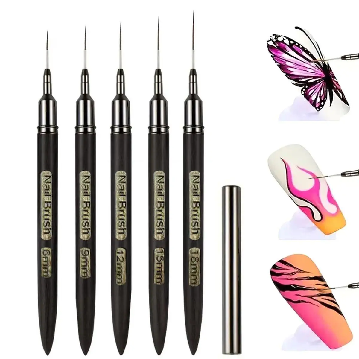 5 Pcs Nail Art Liner Brushes, Thin Detail Brushes for Gel Polish Painting, Sizes 6/9/12/15/18mm, Professional Nail Design Tools for Intricate Lines & DIY Manicure-Black