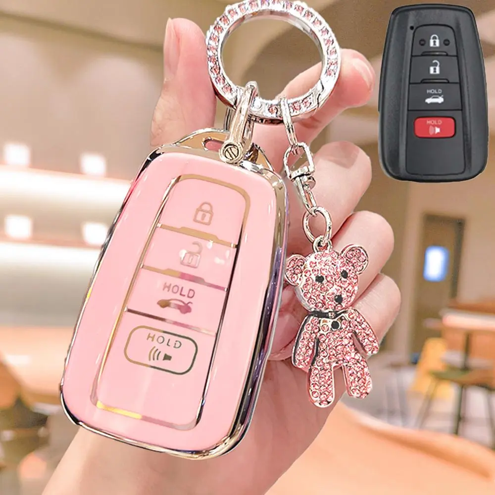 Car Key Case, Rhinestone Bear Decor Soft TPU Key Protector Cover, Key Fob Cover, Car Key Protector for Toyota RAV4, Camry, Corolla, Avalon, C-HR, Prius, GT86 and Highlander, Car Accessories