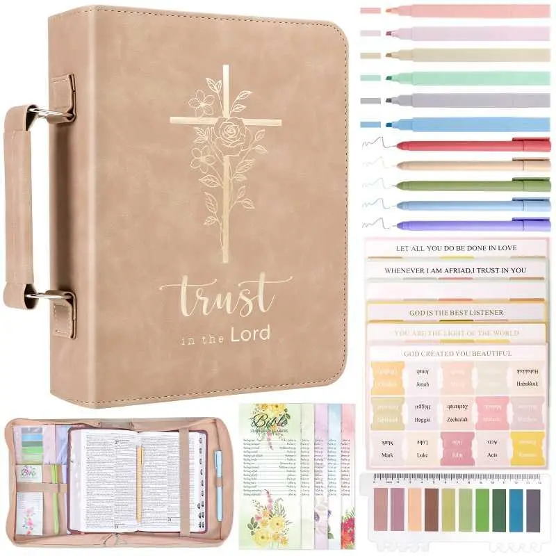 XKDOUS Bible Cover Case with 24PCS Study Essentials, Large Leather Bible Bag for Women and Men, Christian Book Protector with Marker Set and Bible Tabs zipper gift, Organiser, Water Proof ,Minimalist ,Smooth