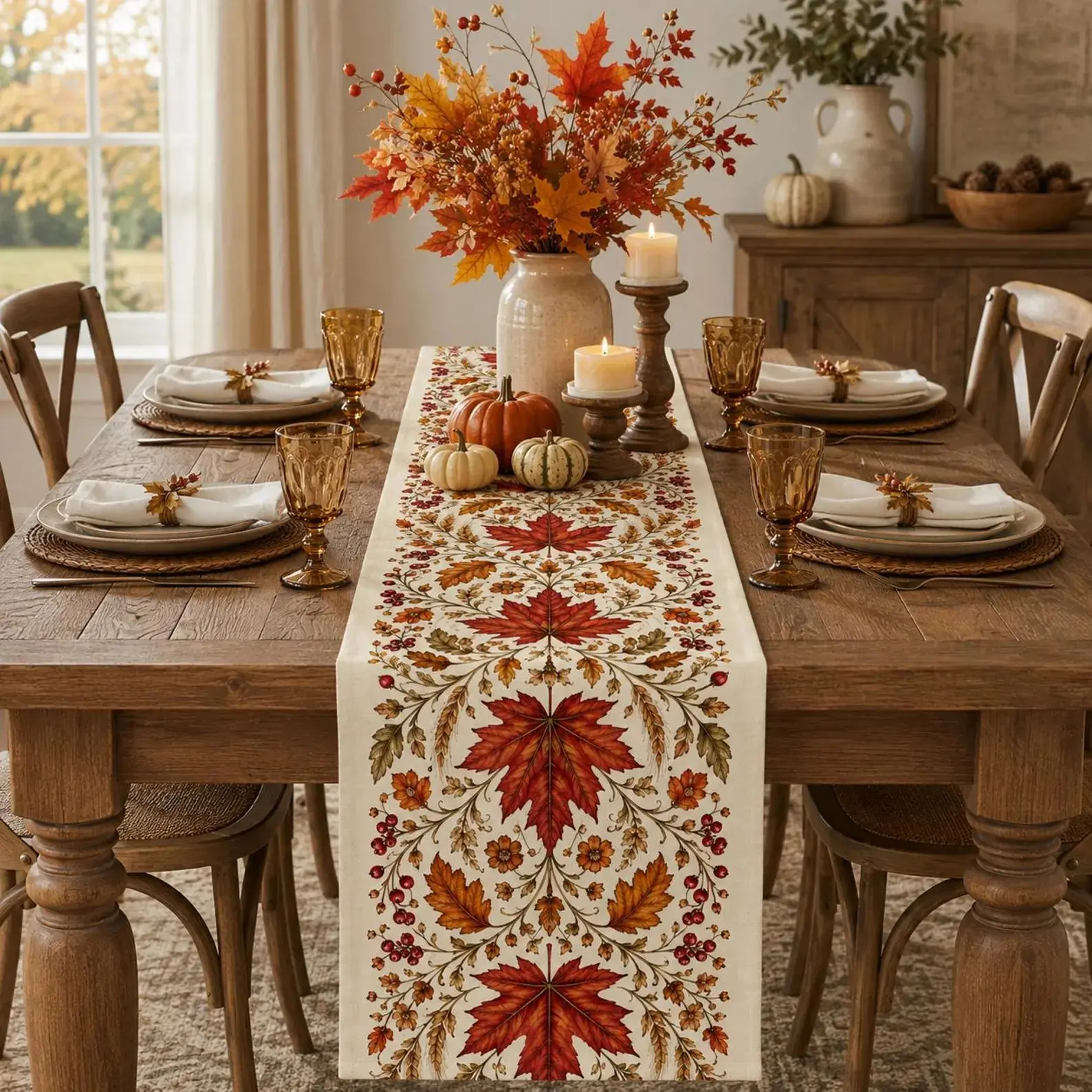 Fall Table Runner, Autumn Maple Leaf Floral Table Runner, Rustic Farmhouse Thanksgiving Table Decor, Vintage Harvest Leaves and Berries Dining Table Centerpiece, Fall Kitchen Decor, Holiday Home Decoration, Housewarming Gift