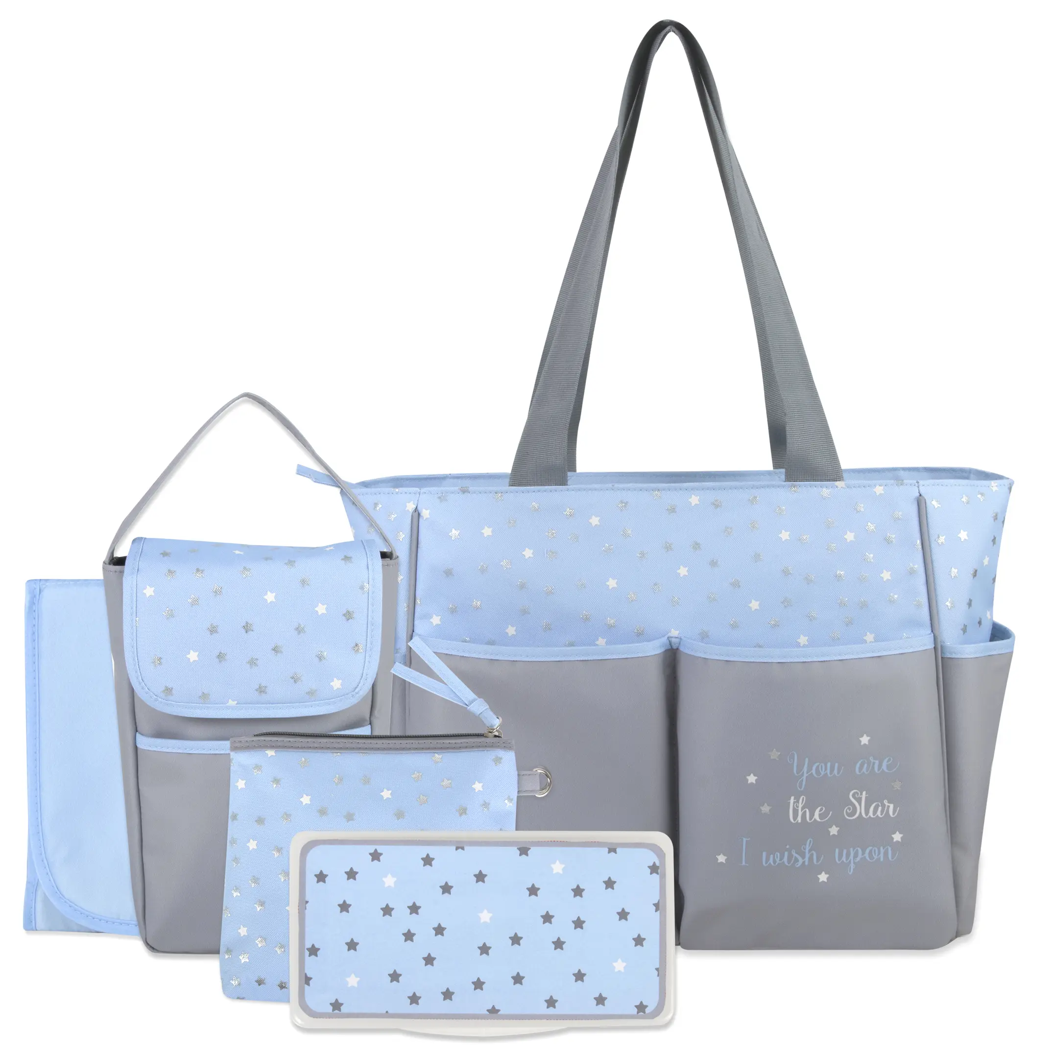 Baby Essentials Stars 5-Piece Diaper Bag Set - Blue , one size