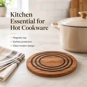 Magnetic Wood Trivet for Hot Pots and Pans, Wooden Magnetic Pot Holder with Silicone Grip Rings & Non-Slip Back Pads for Cast Iron, Dutch Oven, Enamel Cookware
