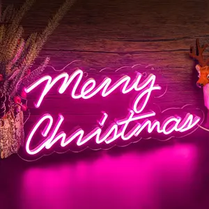15.35*6.7 In Acrylic Merry Christmas Neon Sign Pink Xmas LED Light for Party Home Bar Bedroom Office Shop Wall Window Decor