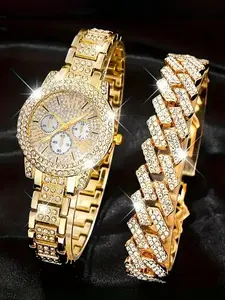 Elegant Women's Watch Set with Rhinestones, Rhinestone Decorated Watch, Stainless Steel Round Dial, Perfect Gift for All Occasions