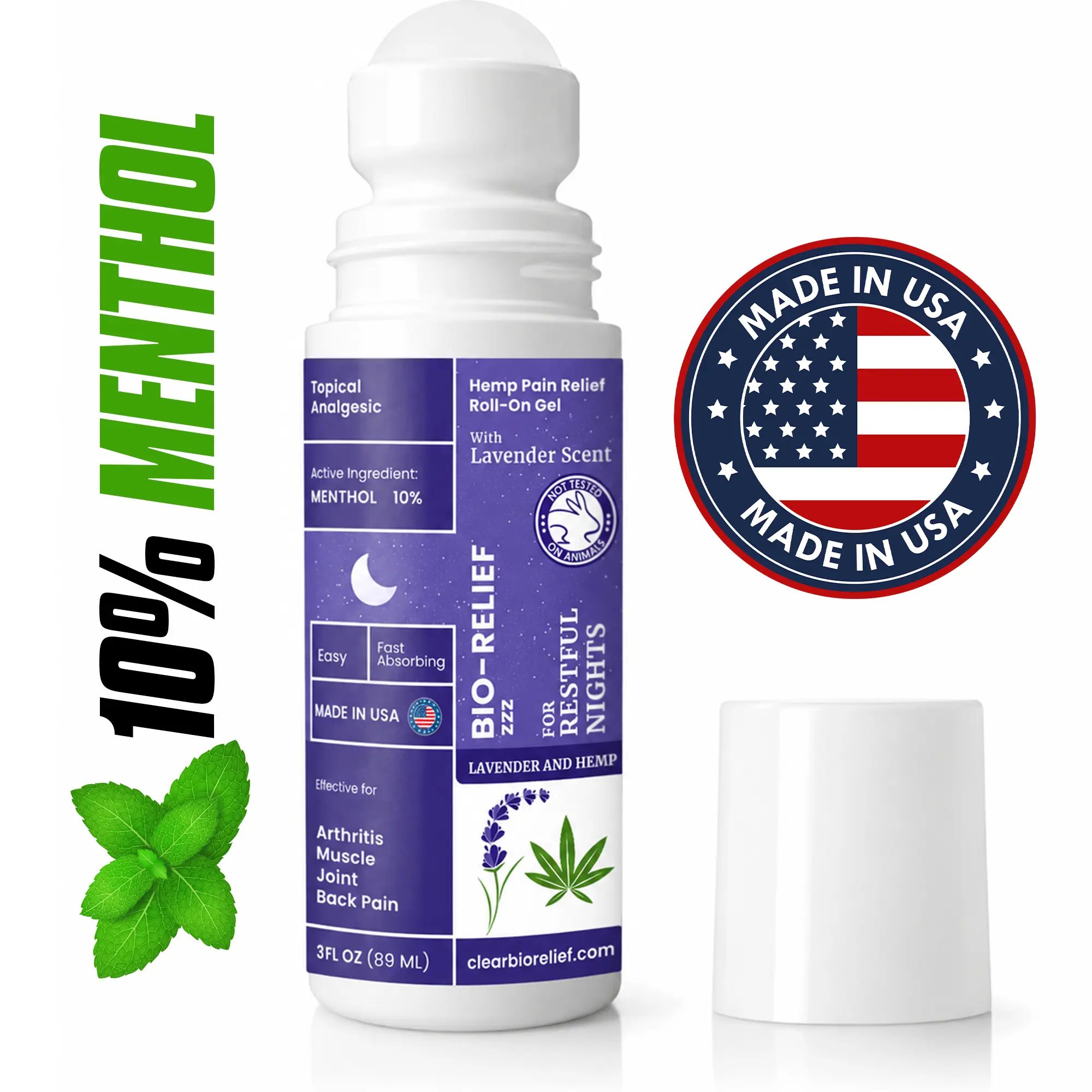 BioRelief 10% MenthOvernight Hemp Pain Relief Roll-On Gel w/Soothing Lavender Scent – Overnight Cooling Menthol for Muscle & Joints – No-Mess, Fast-Absorbing Topical Pain Relief - Made in USA