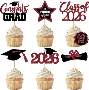 48 PCS Graduation Cupcake Toppers, 6 Styles Congrats Grad Cake Topper, Black and Gold Graduation Decorations 2026, Glittery Cap and Diploma Cake Picks for Grad Party Decor Supplies