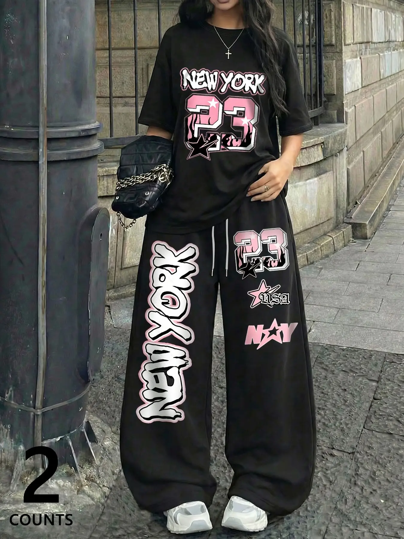 Women's Y2K Graffiti Print Two-Piece Set, Oversized "NEW YORK" Graffiti Graphic T-shirt & Oversized Baggy Wide-leg Pants, Streetwear Fashion for Daily Casual & Hip-hop Outfits, Womenswear