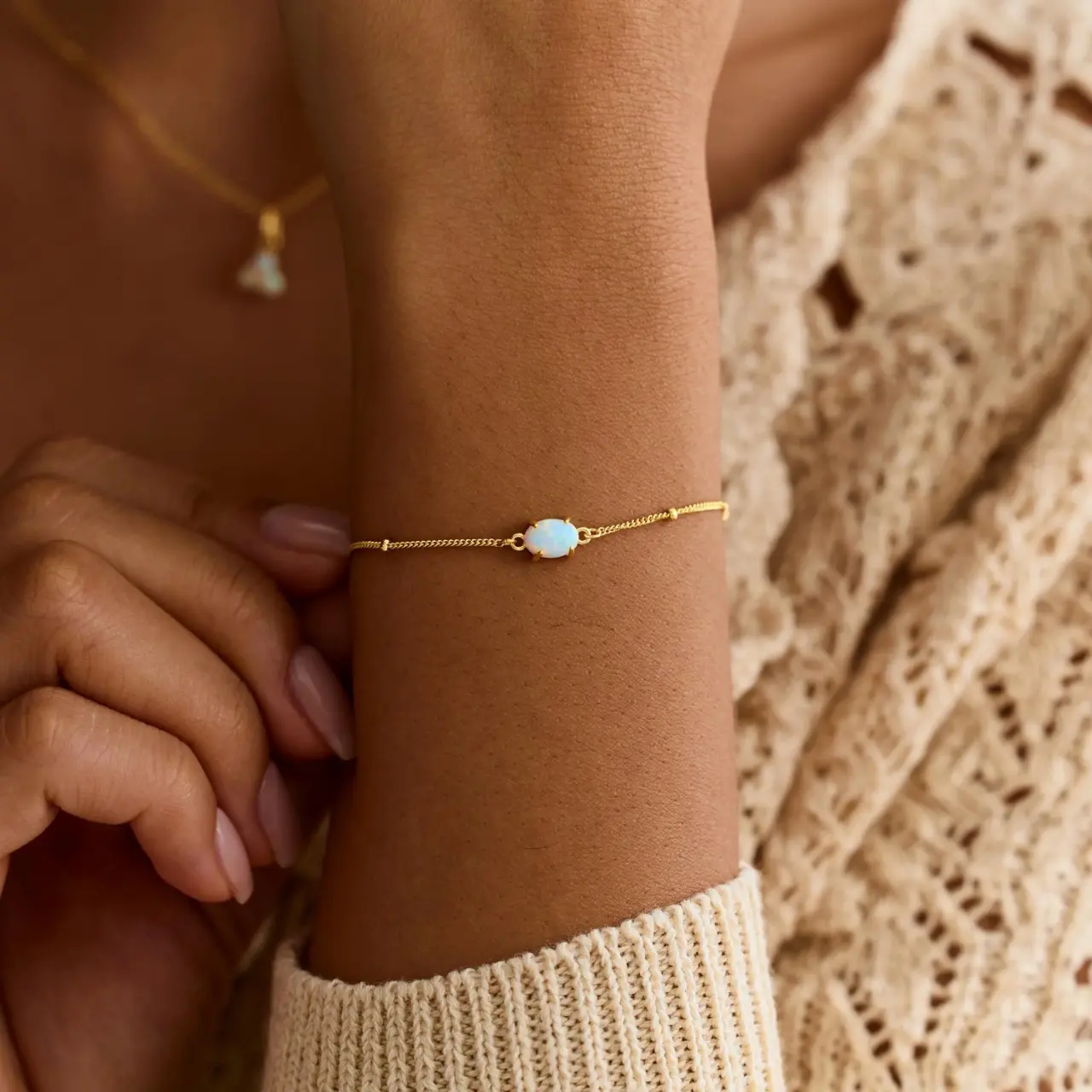 modmints Adjustable Link Opal Bracelet - Minimalist Gold Beaded Chain, Natural White Opal Stone, October Birthstone Jewelry, Stackable Bracelets, Elegant Mom Birthday Gift Ideas, Pretty Bracelet