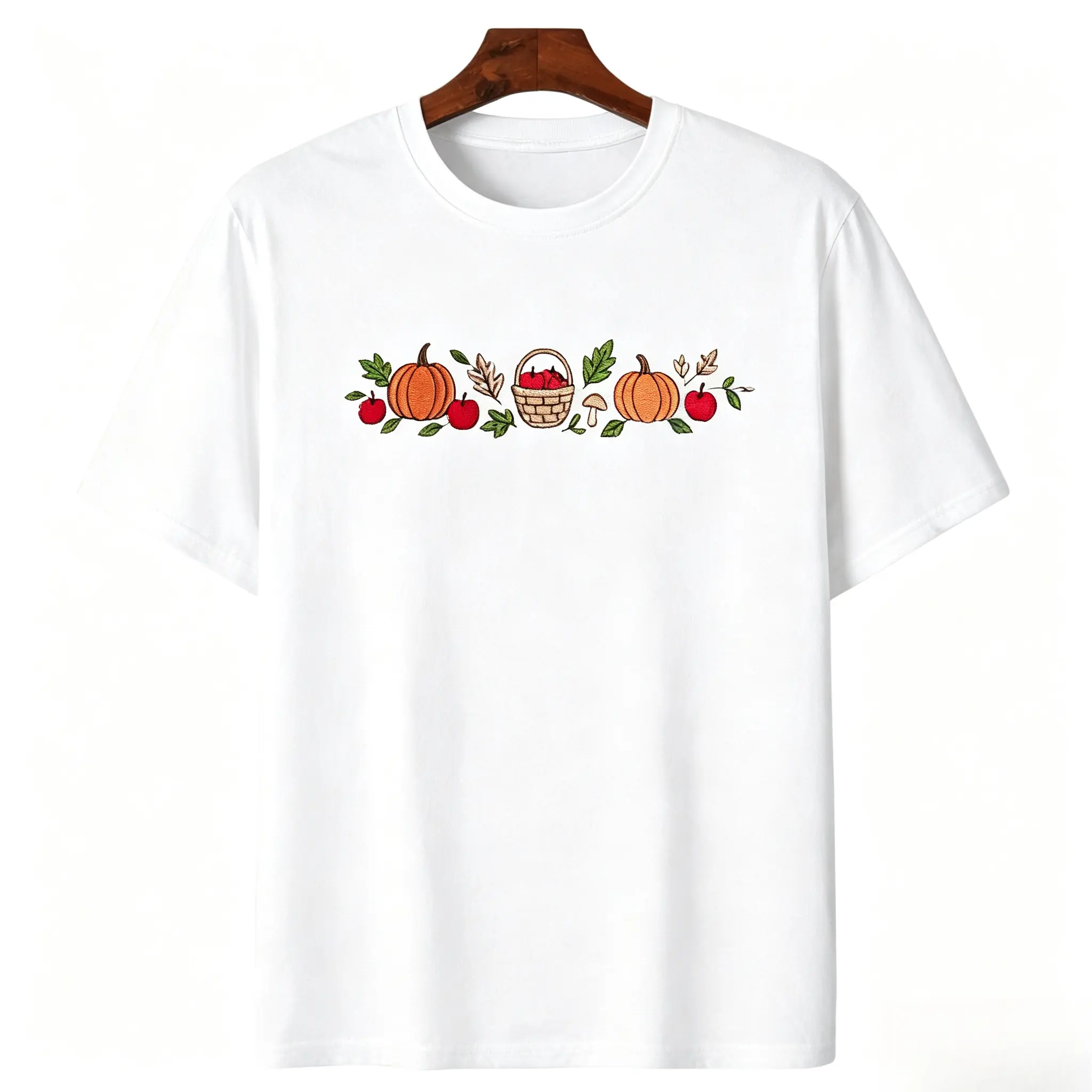 Women's 100% Cotton T-Shirt - Pumpkin Harvest Embroidery, Round Neck, Short Sleeve, Casual Fall Top with Relaxed Unisex Fit, T Shirts for Women