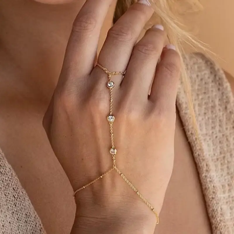 Elegant Stainless Steel Crystal Chain Connected Ring Bracelet - 8" (Silver, Gold)