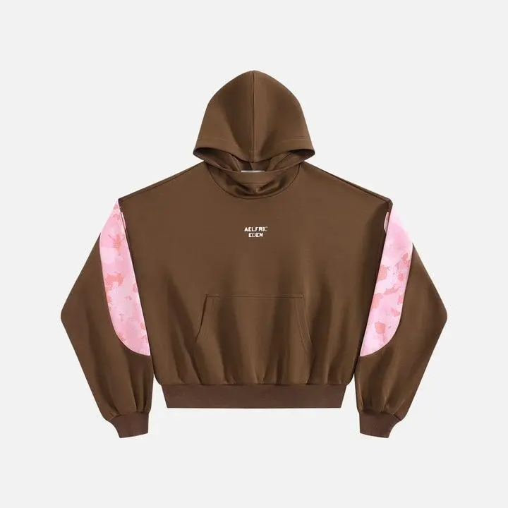 Aelfric Eden Boxy CAMO Panel Pullover Hoodie Oversized Boxy Cropped Fit Pink Camo Sleeve Panel Detail Pocket Soft Fabric Retro Streetwear Unisex Top