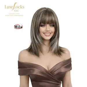 Mila-Medium Length Straight Layered Wig with Wispy Bangs Brown Mix Highlight Wig for Everyday Wear