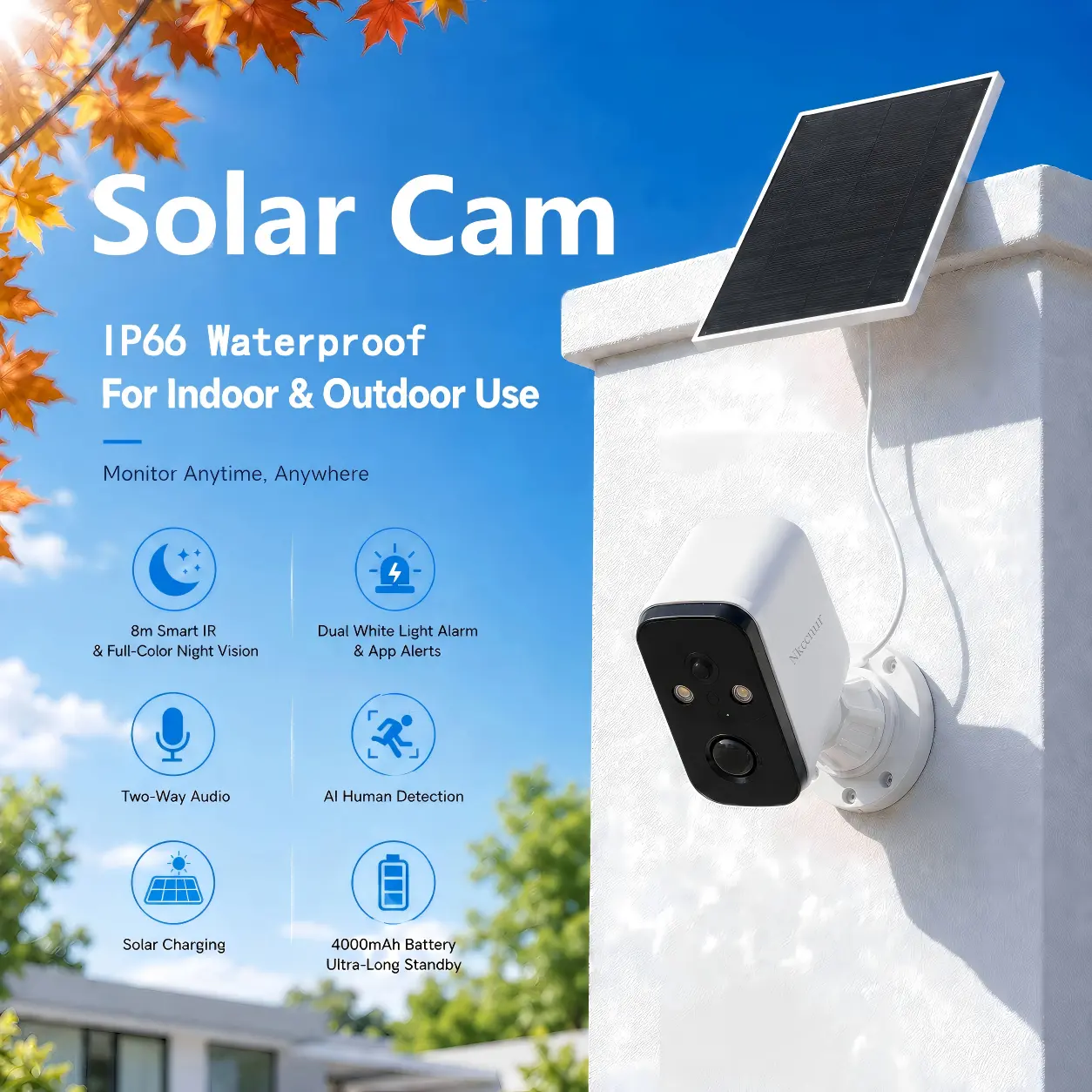 NKCCNUR 1PC Solar-Powered Outdoor Wireless HD Security Camera, 720P, IP66 Waterproof & Dustproof, 2.4GHz, AI Motion Detection, APP Alerts, Two-Way Audio, Cloud Storage, Dual-Light Night Vision (Infrared & Full Color)