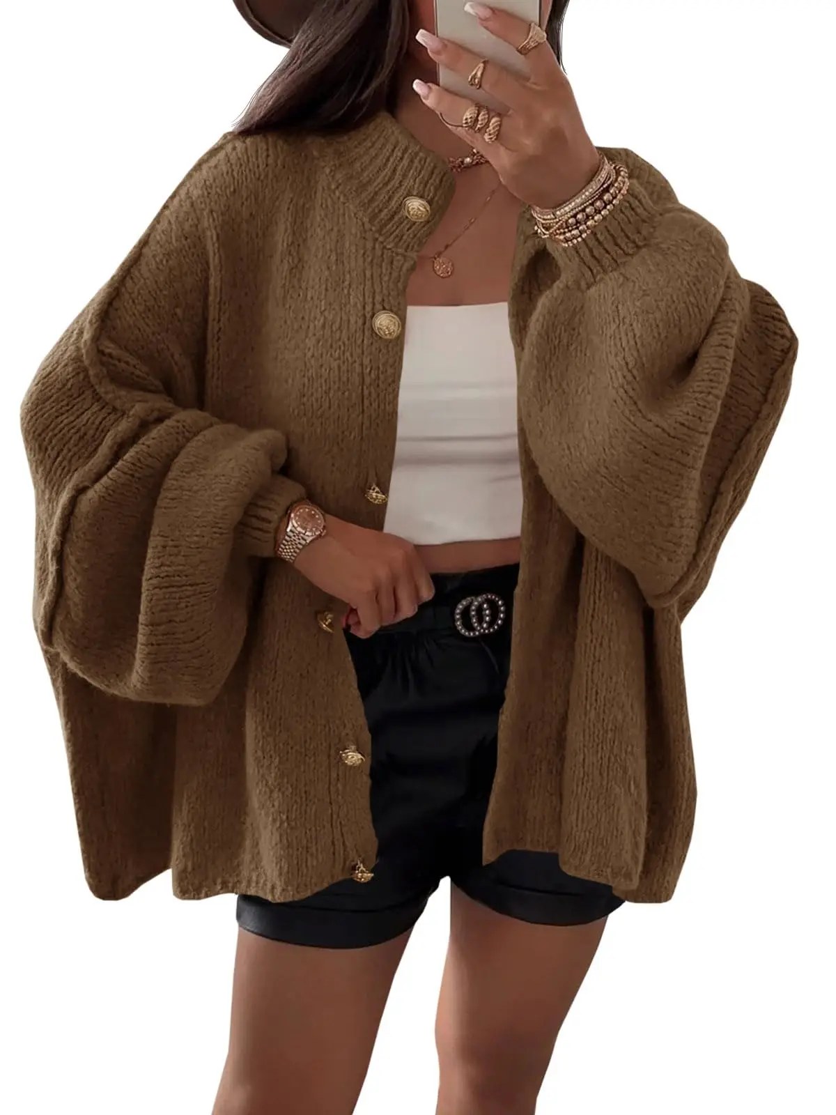 Lannew Womens Oversized Cardigans Long Lantern Sleeve Button Down Chunky Knit Loose Fall Sweater Coats