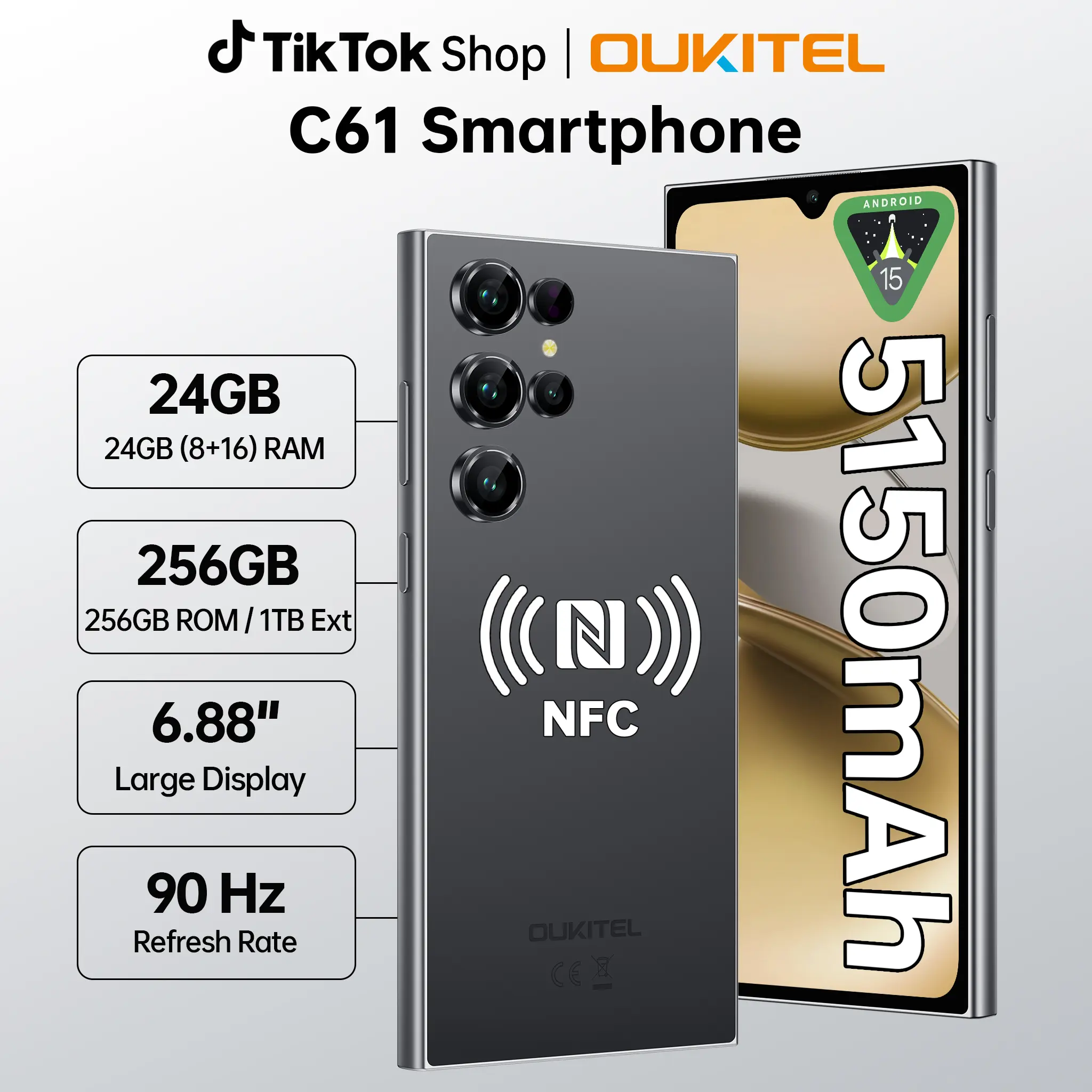 OUKITEL C61 Pro Unlocked Phone Android 15, 24(8+16)GB + 256 GB