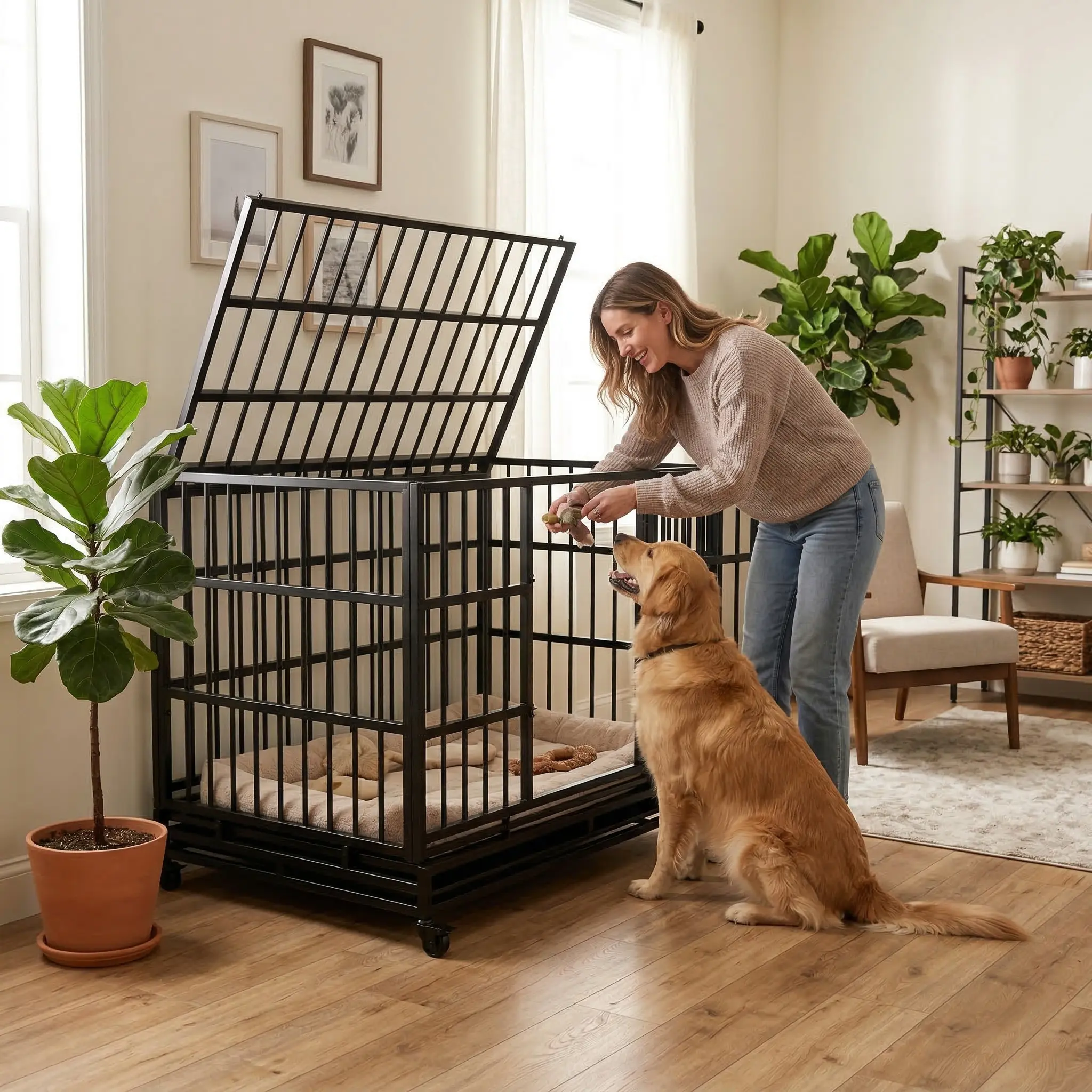 48 Inch Heavy Duty Indestructible Dog Crate with Wheels, Folding Metal Big Dog Cage for Large and Medium Dogs, Cage with Removable Plastic Tray, Steel Frame, Easy Cleanup