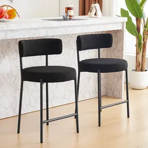 Bar Stool Counter Height Bar Stools with Back Faux Sherpa/PU Leather Kitchen Dining Cafe Chair with Sturdy Metal Steel Frame Base for Indoor Outdoor Furniture, Set of 2 Mid-Century Boucle Upholstered Bar Stools Set