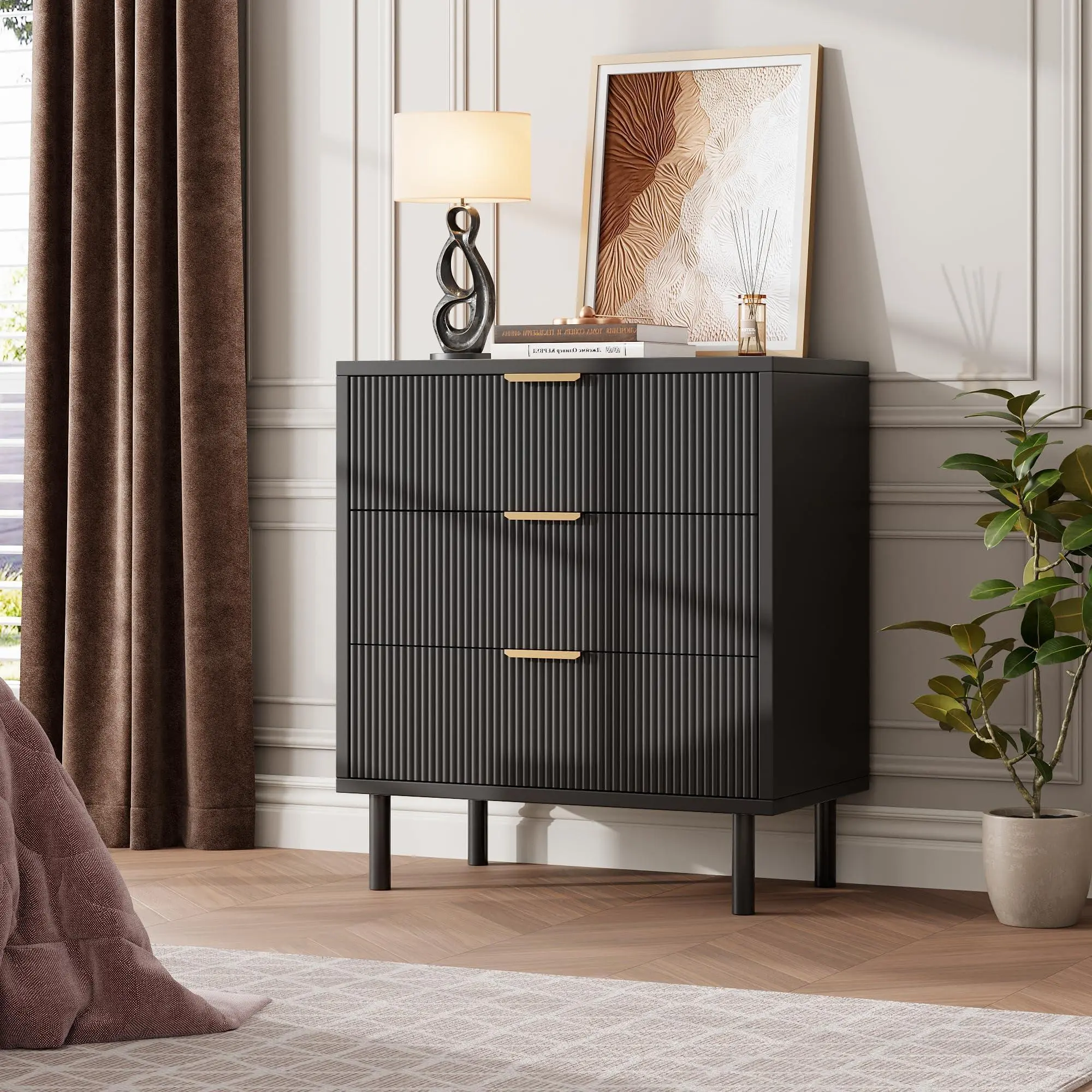 GARVEE Fluted Chest of Drawers with 3 Drawers, 75cm High Wardrobe Organizer with Anti-Tip Device, Wooden Chest of Drawers with Storage Space and Metal Legs for Bedroom, Hallway and Living Spaces,Black