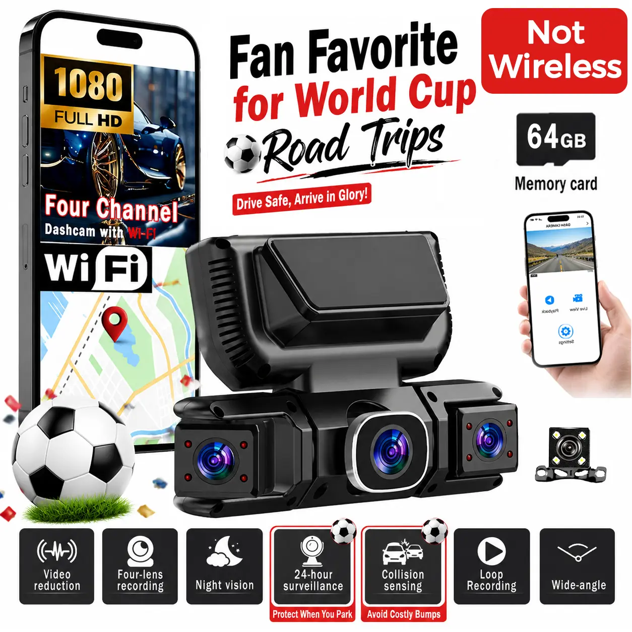 【Not wireless】BCUOZ 4-Channel 1080P Dash Cam Front and Rear  Left Right, Dash Camera for Cars, Built-in  WiFi , Free 64G Card Automotive Dashcam Interior Dashcam
