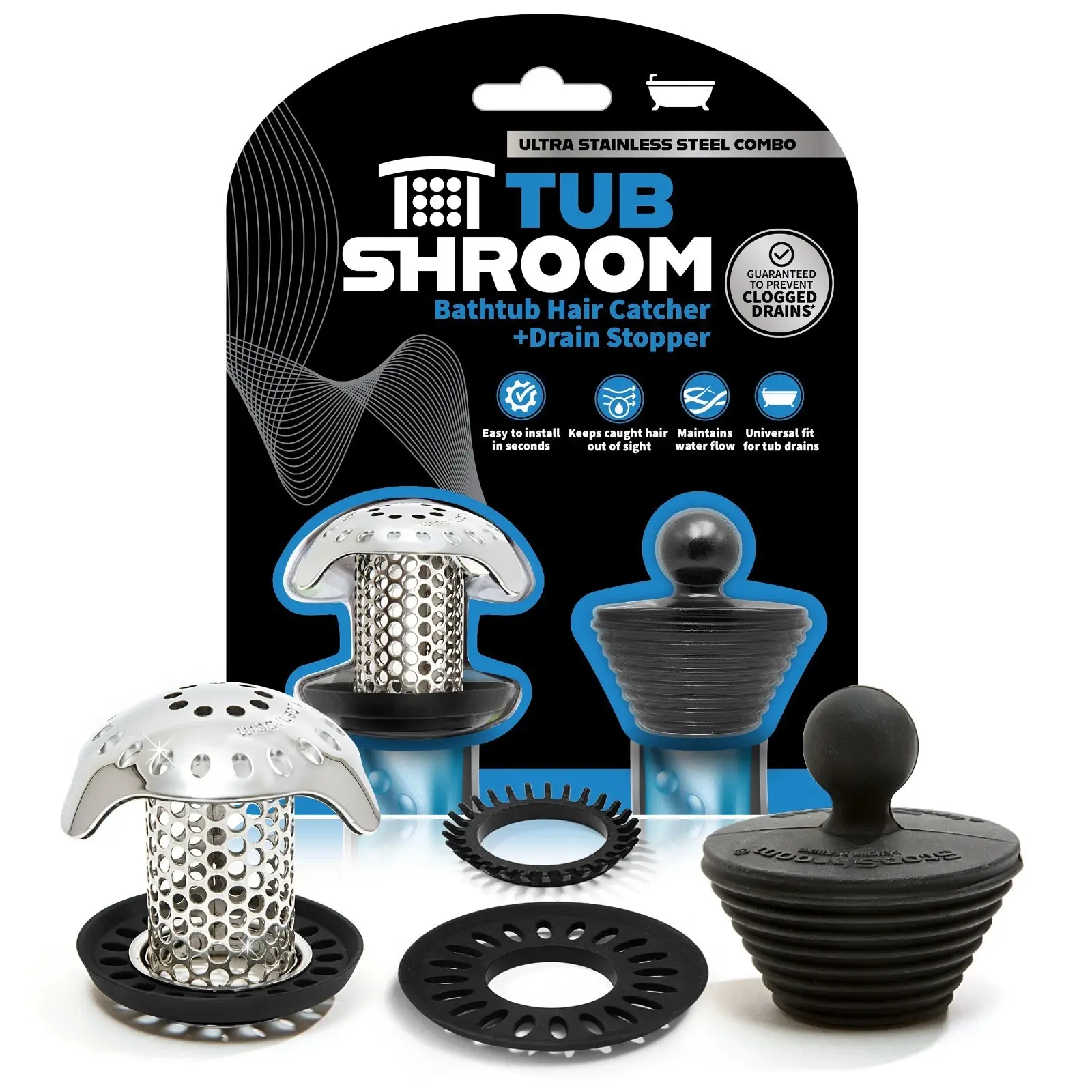 TubShroom Ultra (Stainless) Strainer Plus StopShroom Plug Combo for Tub Drains