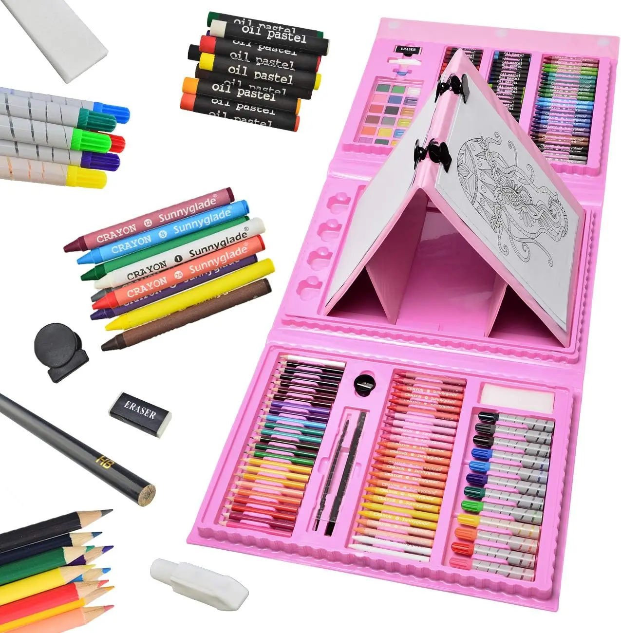 [Back to School]185 Pieces Double Sided Trifold Easel Art Set, Drawing Art Box with Oil Pastels, Crayons, Colored Pencils, Markers, Paint Brush, Watercolor Cakes, Sketch Pad