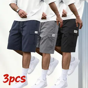 Men’s shorts 3-piece set (earth yellow/black/gray/blue) — slanted pockets — versatile casual wear — suitable for everyday use — multi-pocket design