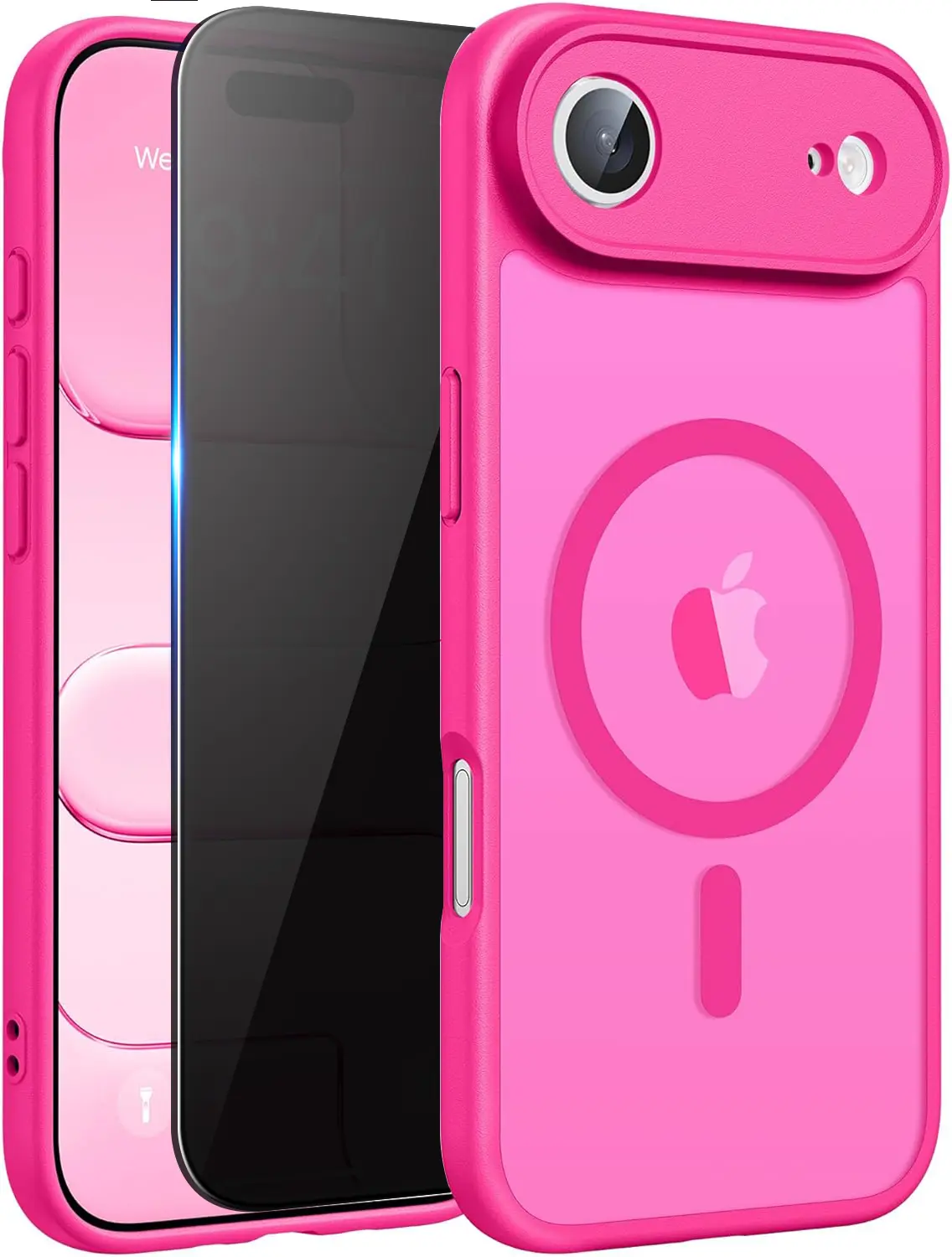 for iPhone Air Case with Privacy Tempered Glass Screen Protector，for iPhone Air Phone Case Compatible with MagSafe，Magnetic Translucent Matte Military Grade Drop Proof Protection Cell Phone Cover - Hot Pink
