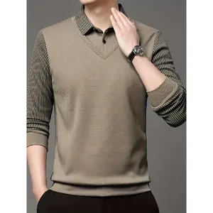 Knit Men's Striped Fake Two-piece Golf Shirt Casual Long Sleeve Lapel Shirt For Outdoor Knit Menswear Navy Blue Tropical KU288937