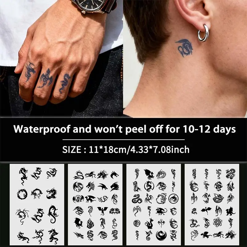 4 Pcs Small Herbal Temporary Tattoo Stickers Set, Fake Tattoos, Ephemeral Tattoos, Dinosaur & Mythical Beast Designs, Semi-Permanent Color, Suitable for Fingers, Hand Back, Behind Ear