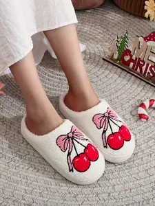 Women's Cherry Bow Embroidered Soft Plush Slippers, Cute Indoor Shoes, Comfortable Fall & Winter Home Wear, Perfect Gift Idea