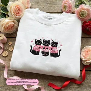 [Made in US] Embroidered Valentine Black Cat Sweatshirt, Cute Heart Kitty Crewneck, Cat Mom Sweater, Cat Lover Gift, White Pullover