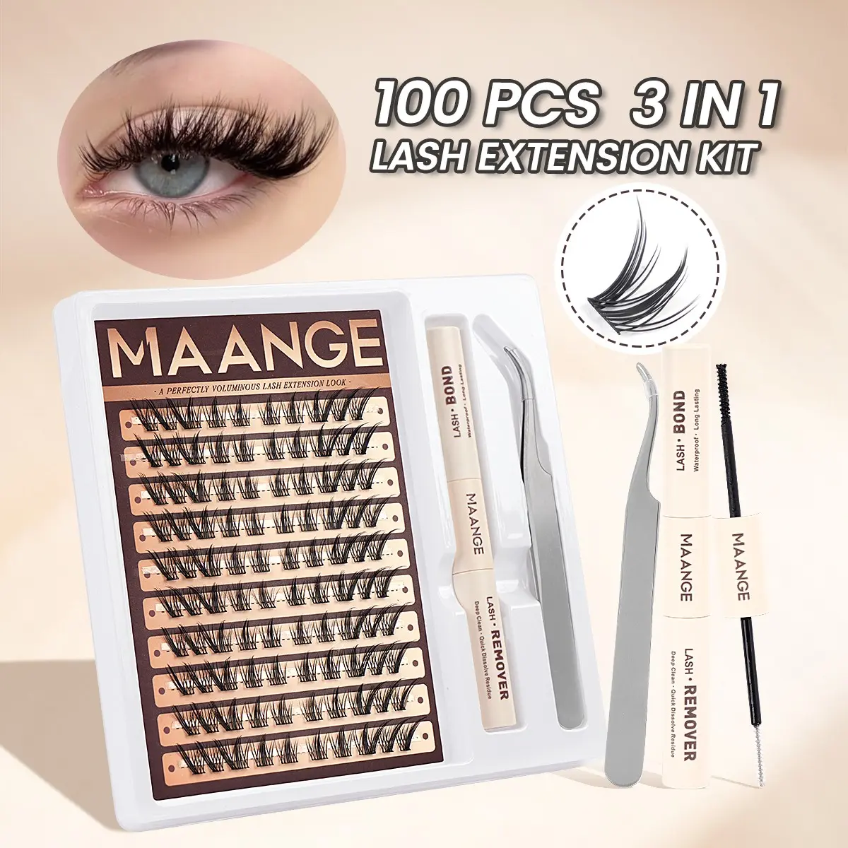 Maange Eyelash Extension Kit, 100 Cluster Segmented False Lashes + Glue + Tweezers, Cross Style, Solid Form, Makeup Tools, Individual Lashes Clusters