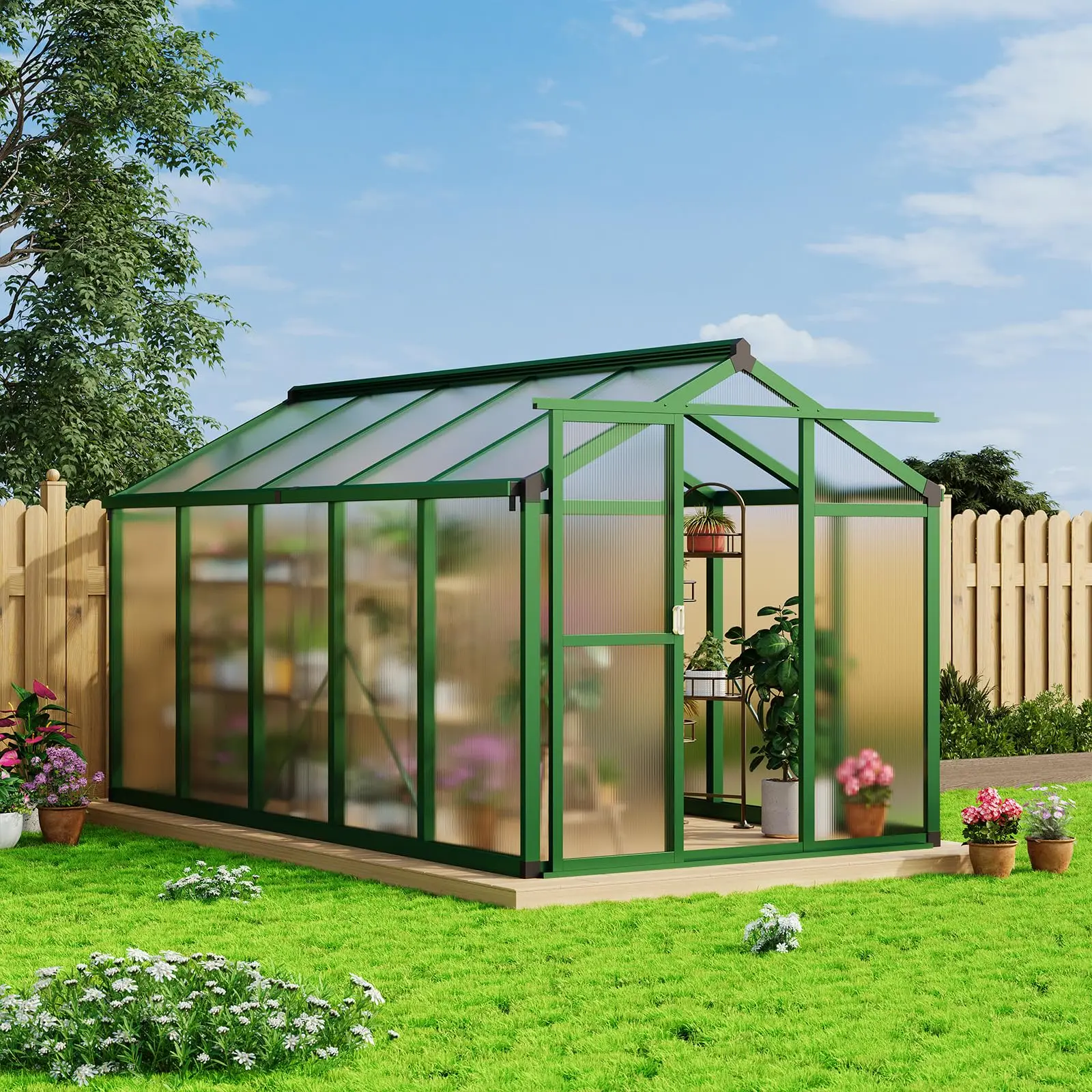 6x10 FT Outdoor Aluminum Frame Greenhouse with PC Panels, Roof Vent, Quick Setup Structure for Winter Garden, Backyard