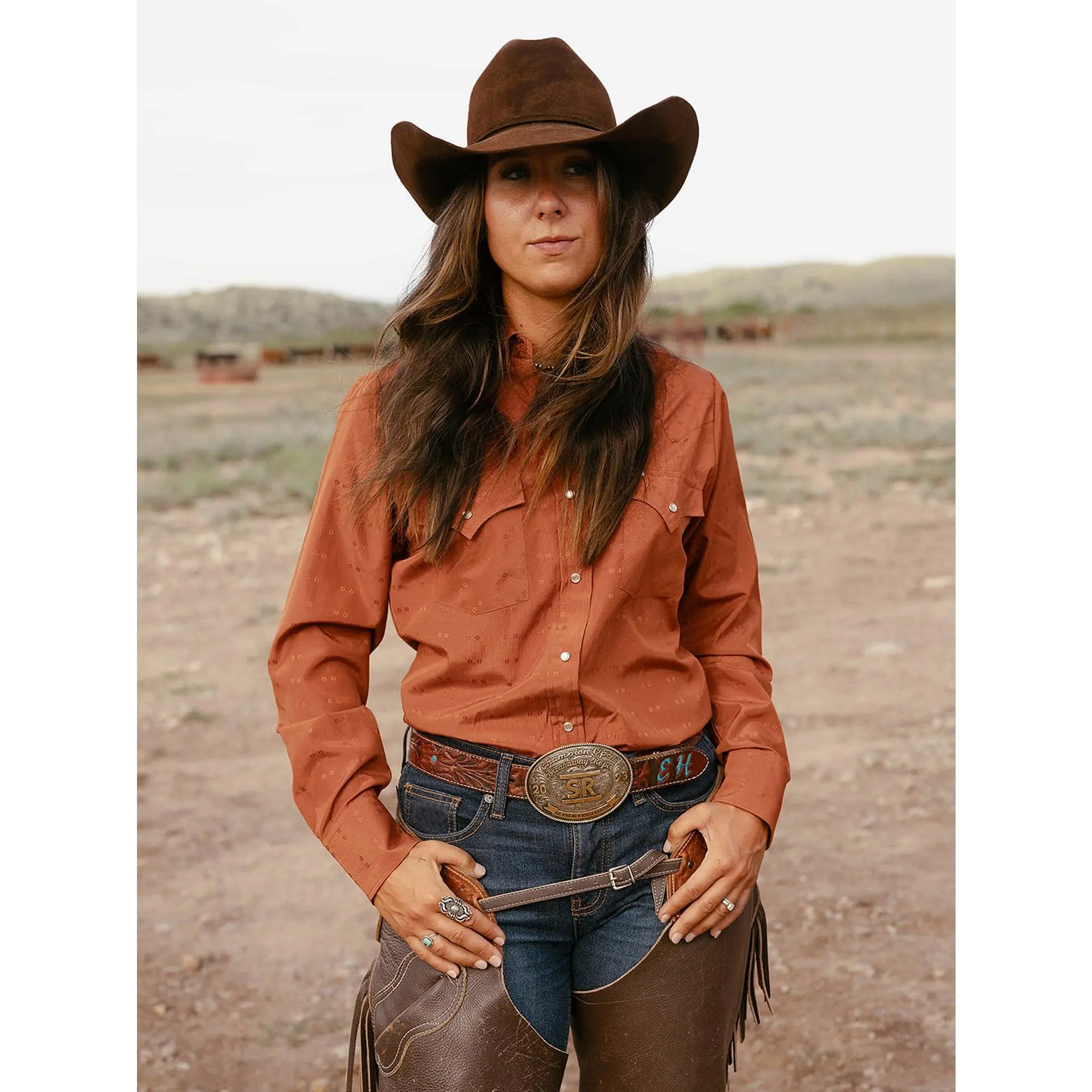 Women's Cowboygirl Rust Solid Tonal Dobby Granddaddy Snap Shirt Fit Womenswear
