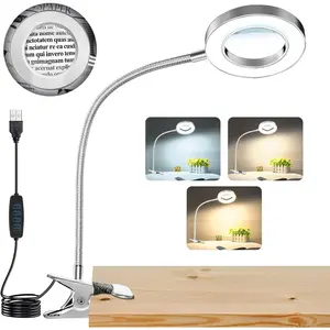 10X Magnifying Glass with Light, Clip on Mganifier with Light, 48 LED Desk Lmap Magnifying Glass wtih Clamp, 3 Modes Dimmable LED Lamps for Bed Work Crafts DIY Repair Gray