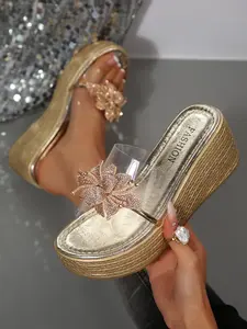 Elegant Water Drill Flower Heeled Sandals Women Thick Sole Design Enhances Leg Shape Transparent Strap Show off Long Feet Versatile Party Date Streetwear Essential Strappy Sandals