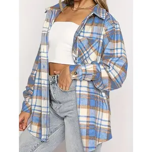 Women's Casual Flannel Plaid Shacket Button Long Sleeve Shirt Jacket Coats with Pockets
