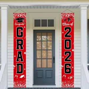 Graduation Party Porch Banner, Background Cap Design, Outdoor Garden Lawn Decor Flag, 12x70.8 Inches, Polyester Material