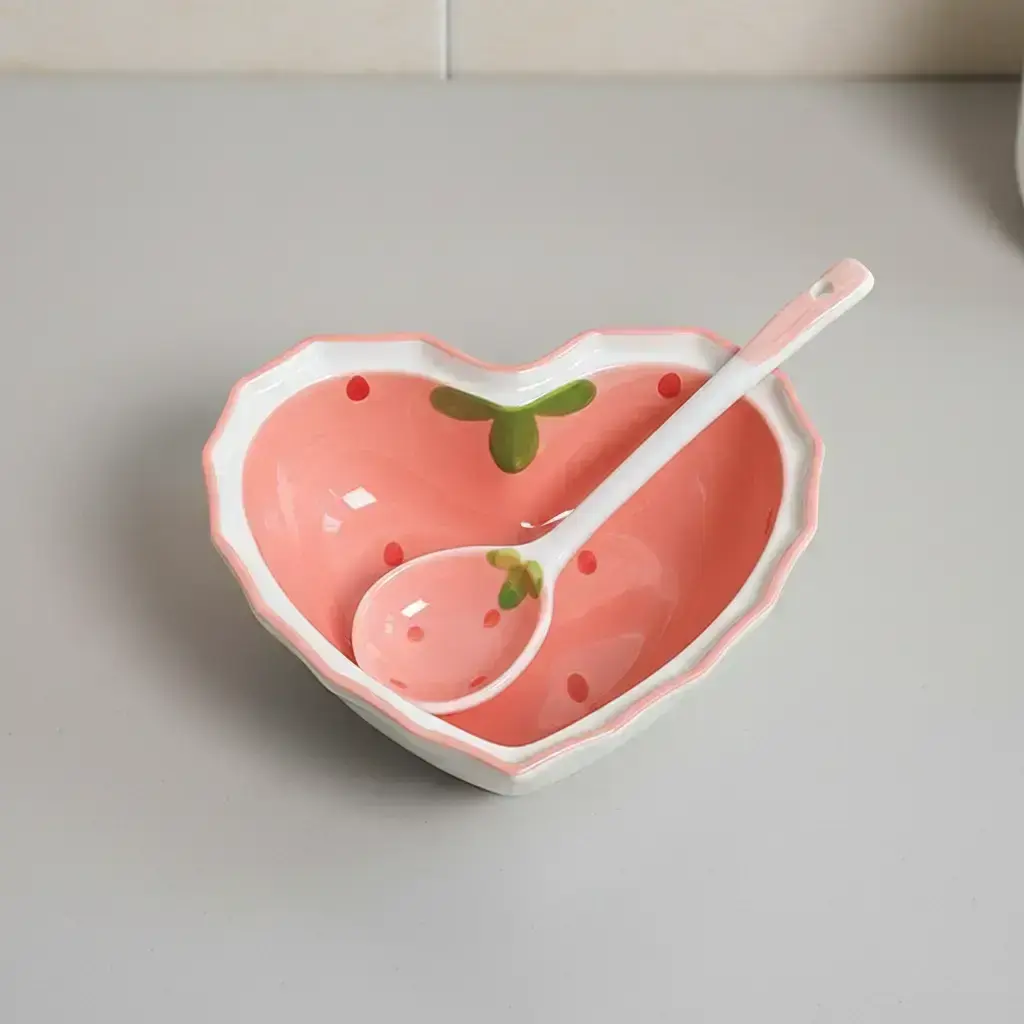 Heart-shaped Ceramic Bowl with Spoon, Creative Strawberry Pattern Bowl & Spoon, Durable Tableware for Kitchen, Household Dining Plate Set, Ceramic Dish Set, Durable Utensils Tableware, Food Tableware