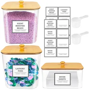 3-Pack Laundry Pods Storage Containers with Wooden Lids – Clear Multi-Functional Organizer for Detergent Powder, Scent Beads & More, Includes Labels