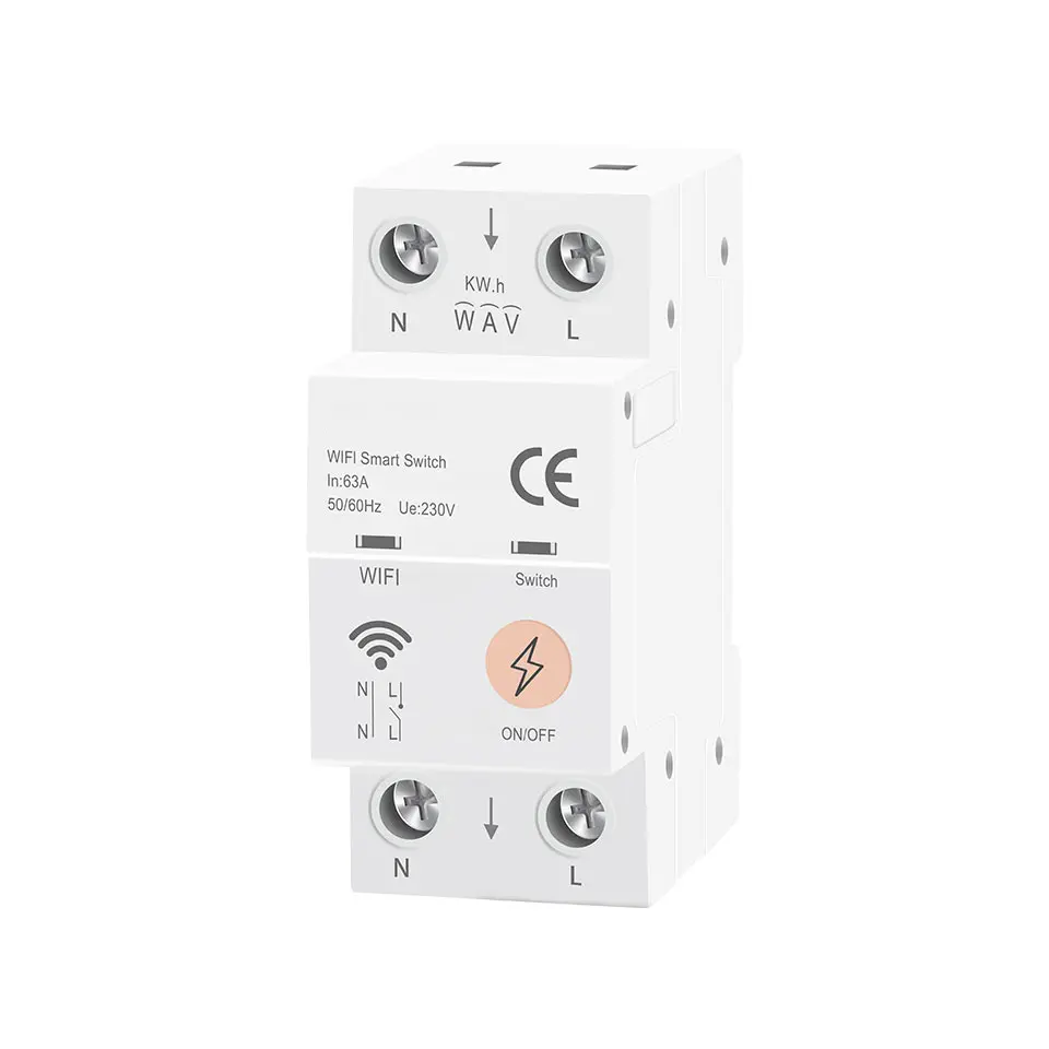 63A 2P Dual Relay Wi-Fi Smart Circuit Breaker (Smart Switch) - Alexa-Enabled, Overload Protection, 70mm×87mm Compact Size, Mobile Phone+Voice+Button Control, for Heavy Appliance Users, Indoor Use, Smart Home, Voice Control