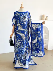 Women Floral Print Long Robe Set, Elegant Loose Fit Scarf Shawl Moomoo Dress + Beach Sun Protection Satin Silk Headband