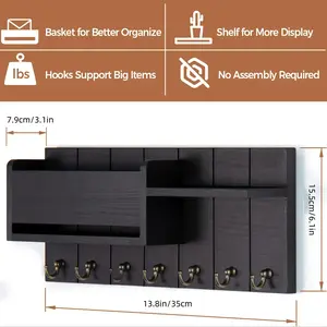 Wall-mounted storage rack, wooden wall-mounted storage rack 7 hooks, mail storage box, key glasses earphone storage rack, used for home decoration, room decoration, wall decoration, beautiful room
