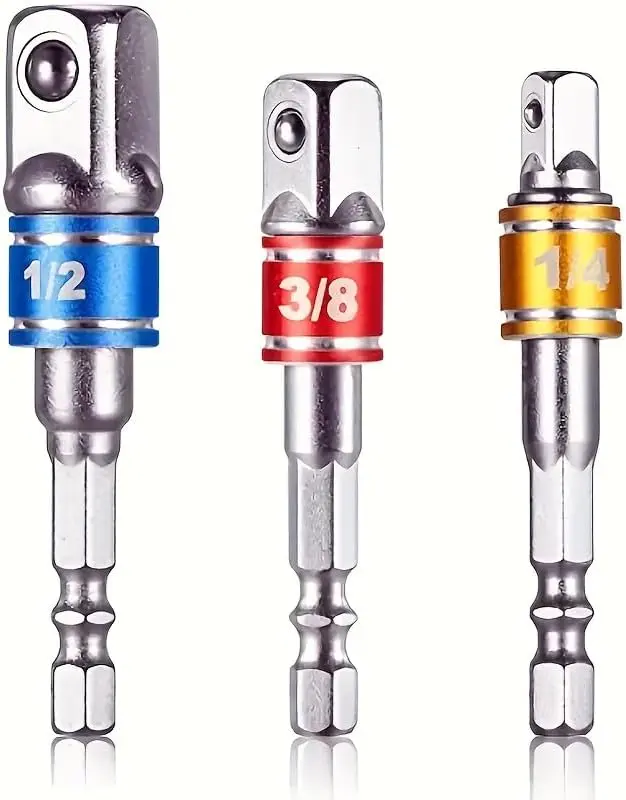 3PCS Hex Shank to Square Heavy Duty Socket Adapter Set, Impact Grade Drill Socket Adapter (1/4", 3/8", 1/2"), Anti-Slip Detent Ball, drill Attachments for Power Drill & Impact Driver