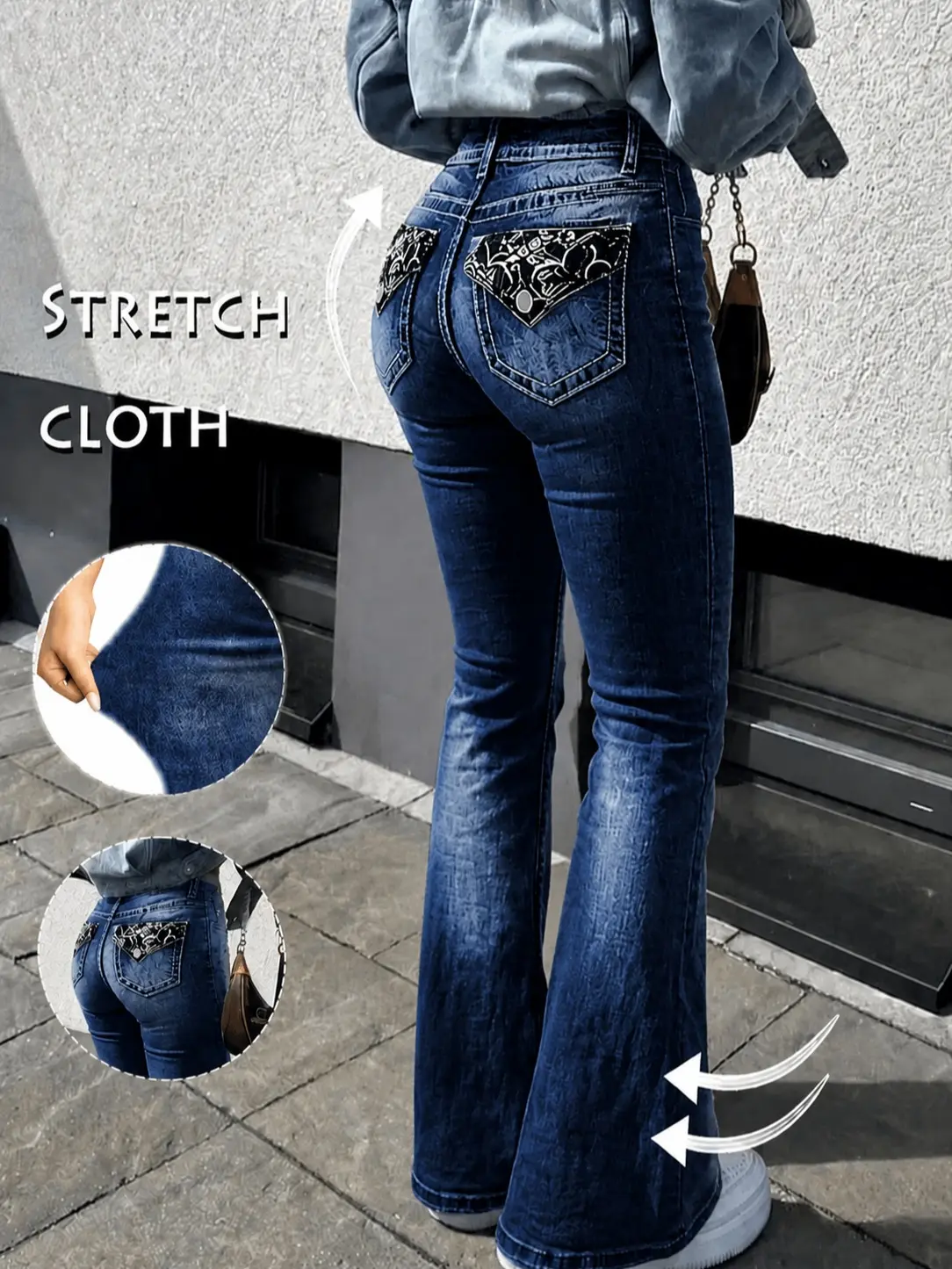 Women's Stretch Mid-Waist Boot Cut Skinny Jeans - Vintage Fit, Tummy Control, Wide Leg Flare, Shaping Womenswear Bottoms