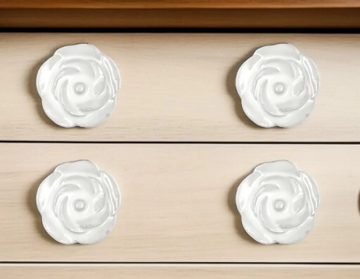 HomeRoots 6-Piece White Ceramic Flower-Shape Drawer Pull Knobs - Carved, Hand-Painted Dresser & Door Hardware with Included Screws, Room Decor Accessories